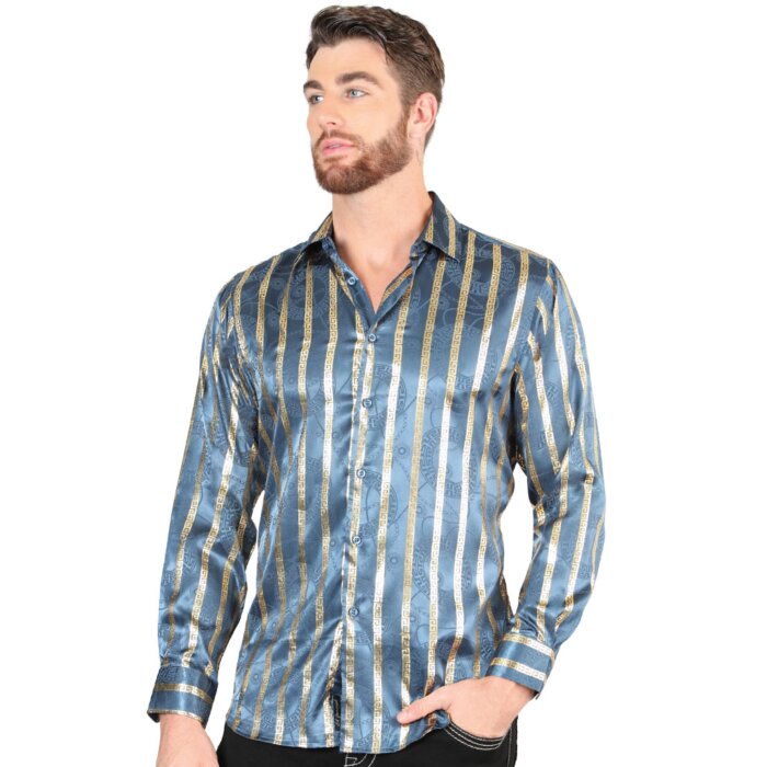 Camisa Con Líneas De Grecas Doradas Color Teal 44580