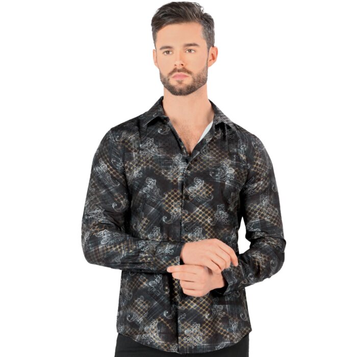 Camisa Montero Modern Fit Color Negro Estampada 0434