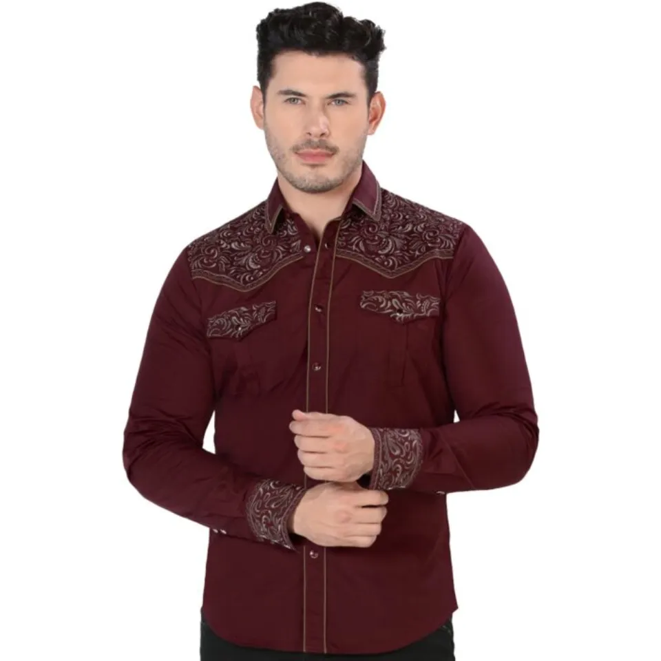 Camisa Bordada Vaquera Color Vino Montero Fashion 3537