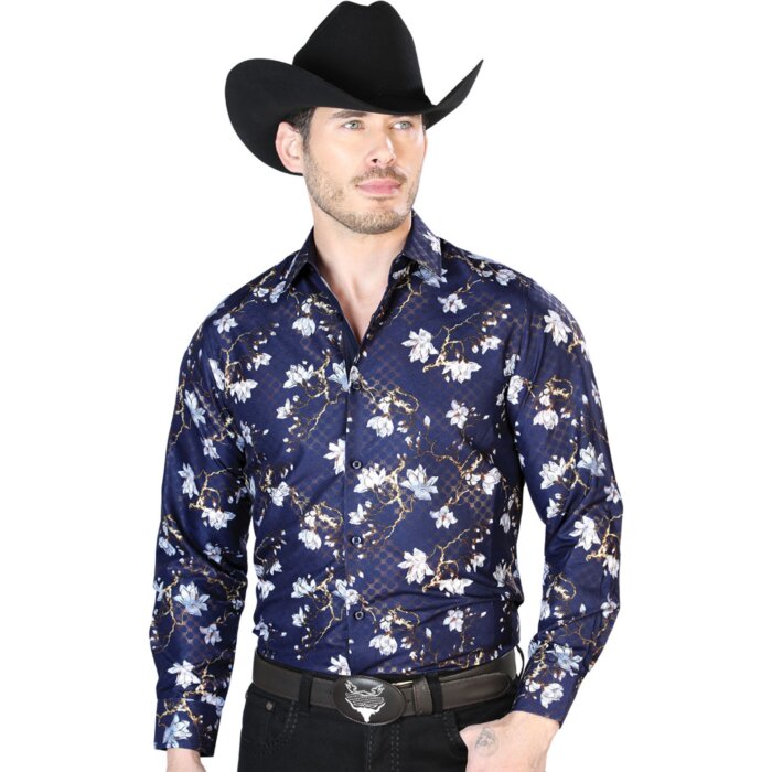 Camisa Fina Estampada El Señor De Los Cielos 43822 Color Azul Marino