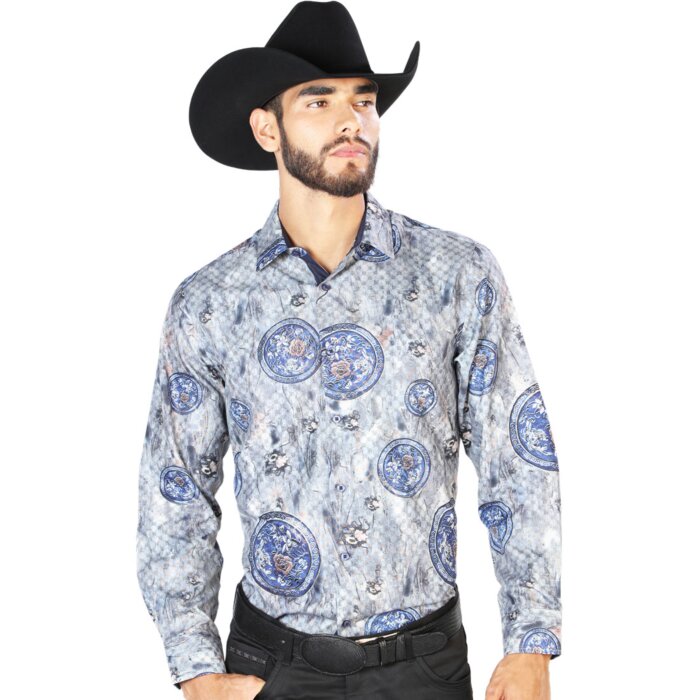 Camisa Fina Estampada El Señor De Los Cielos 43823 Clor Gris-Azul
