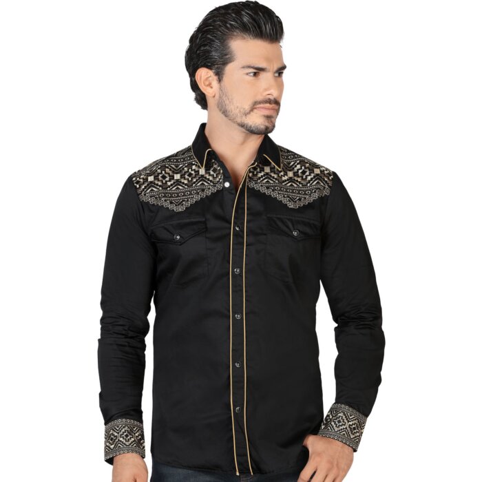 Camisa Vaquera Bordada Lamasini 2201 Negro-Beige