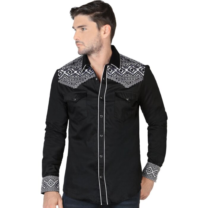 Camisa Vaquera Bordada Lamasini 2201 Negro-Beige