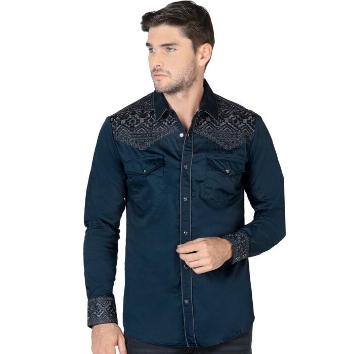 Camisa Vaquera Bordada Lamasini 2201 Teal