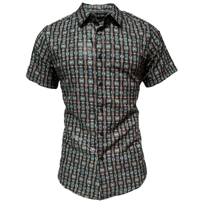 Camisa Montero 0456 Color Negro con Patrones Intrincados en Turquesa y Beige, Opción de Manga Corta