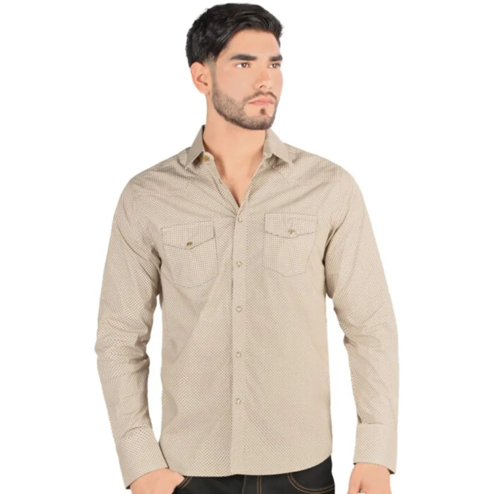 Montero 3301 men's beige long sleeve shirt with black polka dot pattern, snap buttons, and chest pockets