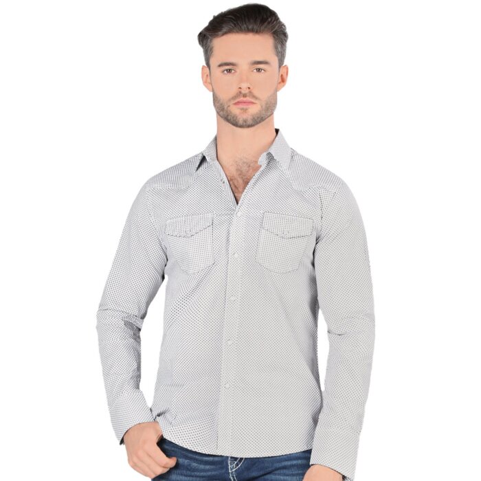 Montero 3301 men's white long sleeve shirt with black polka dot pattern and chest pockets