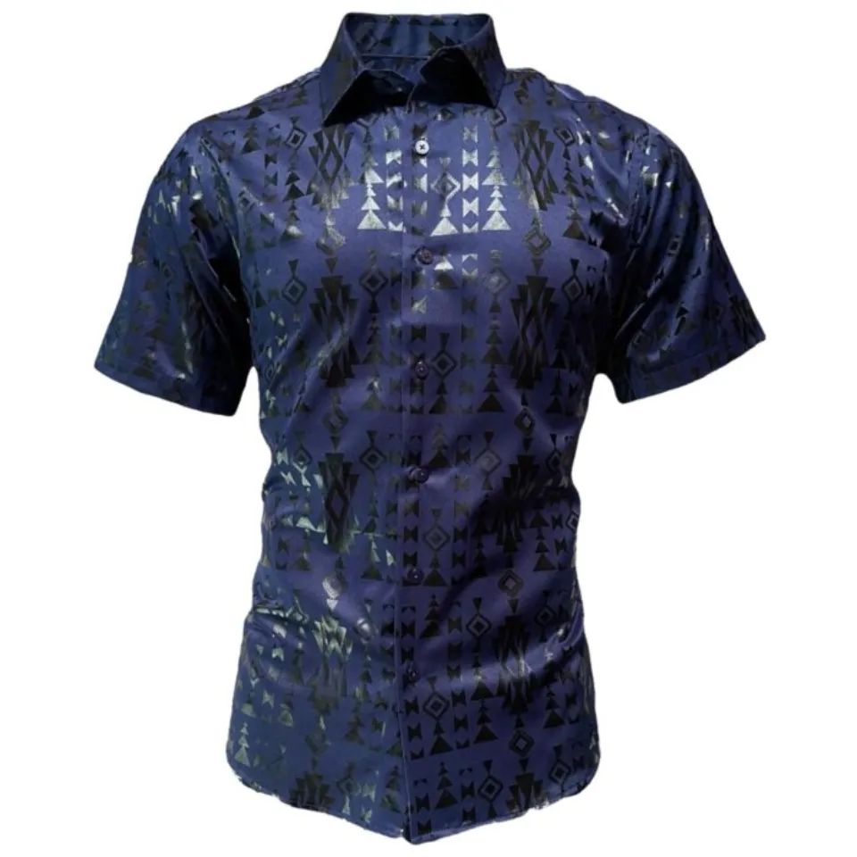 Camisa de Manga Corta con Patrón Negro y Azul Marino, Montero 0807