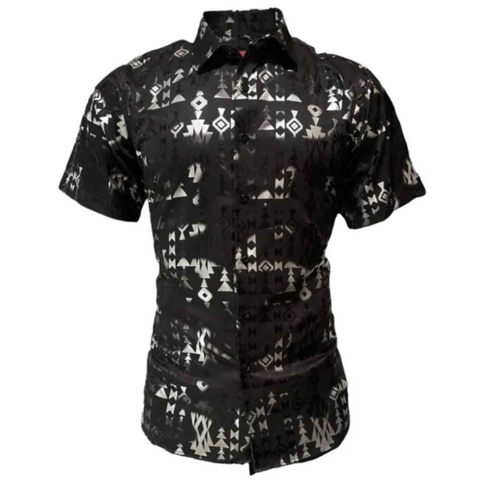 Montero 0807 men's black short sleeve shirt with silver geometric patterns