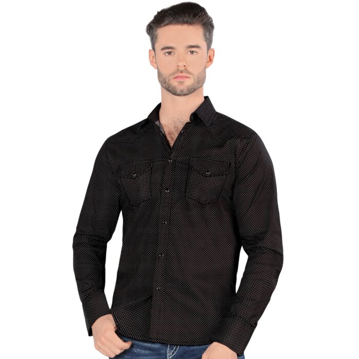 Montero 3301 men's black long sleeve shirt with white polka dot pattern and chest pockets