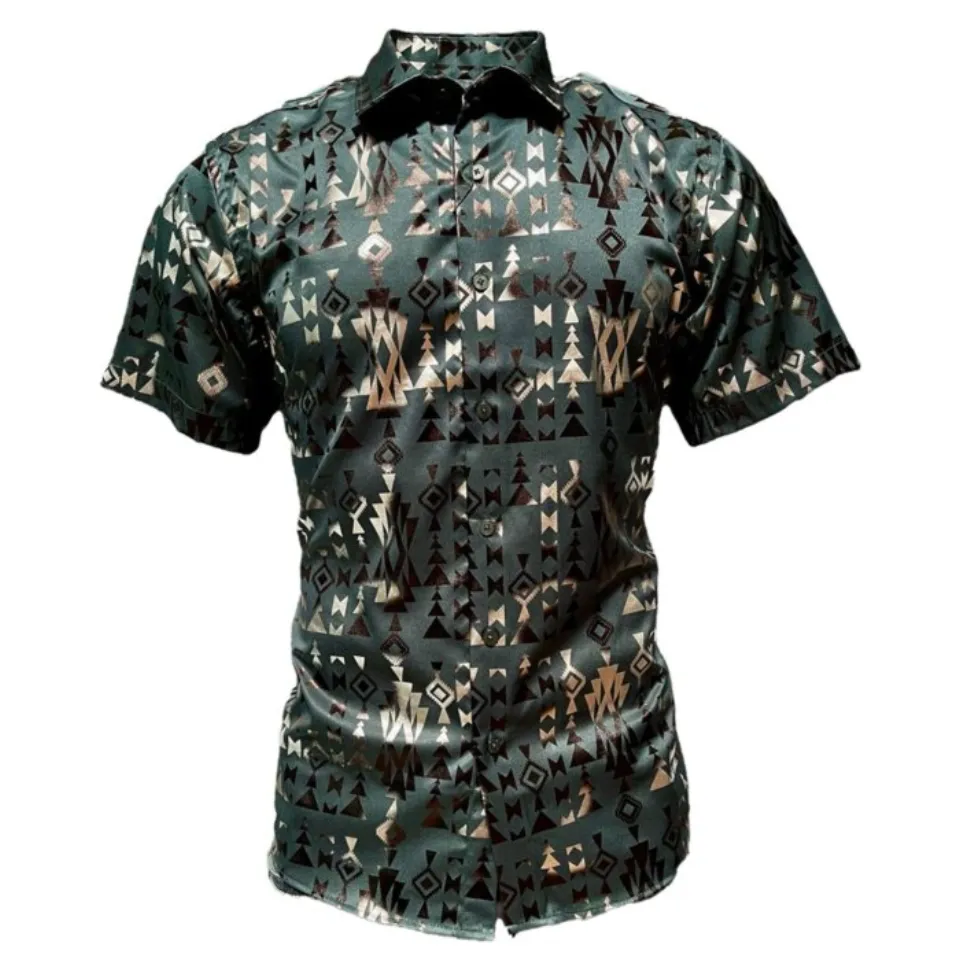 Montero 0807 men's green short sleeve shirt with black and gold geometric patterns