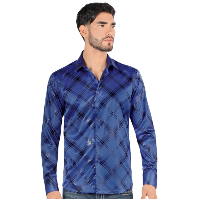 Montero 0811 men's royal blue long sleeve shirt with plaid pattern