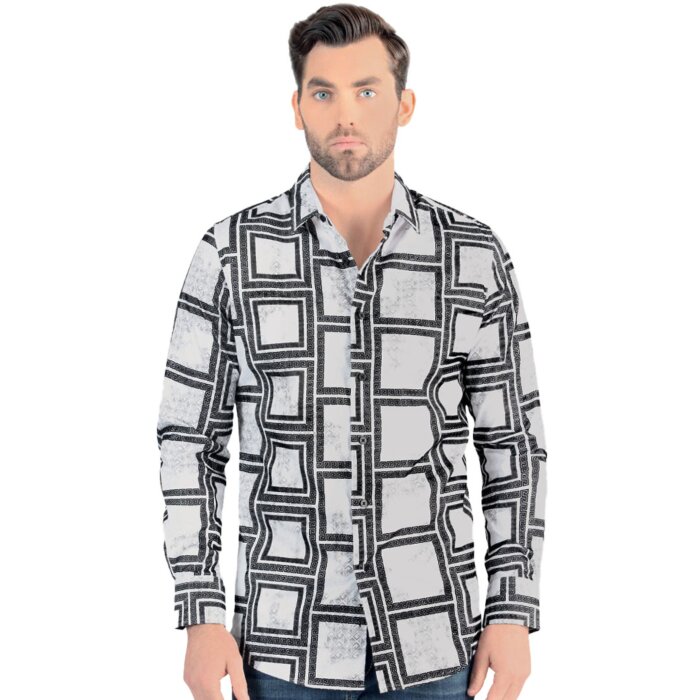 Model wearing Men's Geometric Print Long Sleeve Shirt - Lamasini 0110, featuring a modern fit and bold black and white geometric pattern.