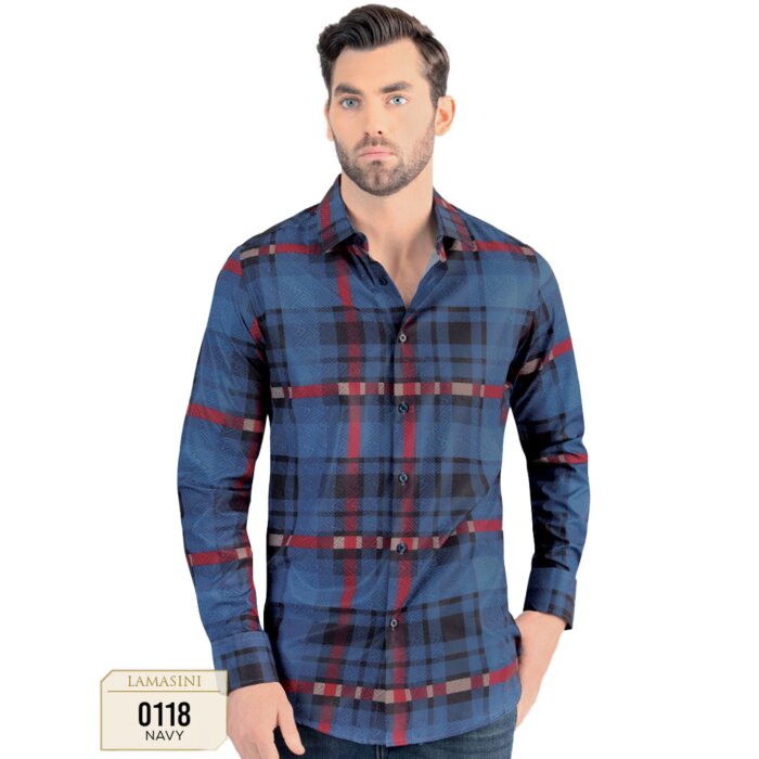 Model wearing Men's Navy Plaid Shirt - Lamasini 0118, long sleeve version.