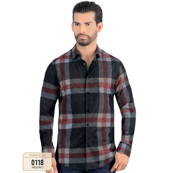 Model wearing Men's Black Plaid Shirt with subtle paisley details - Lamasini 0118.