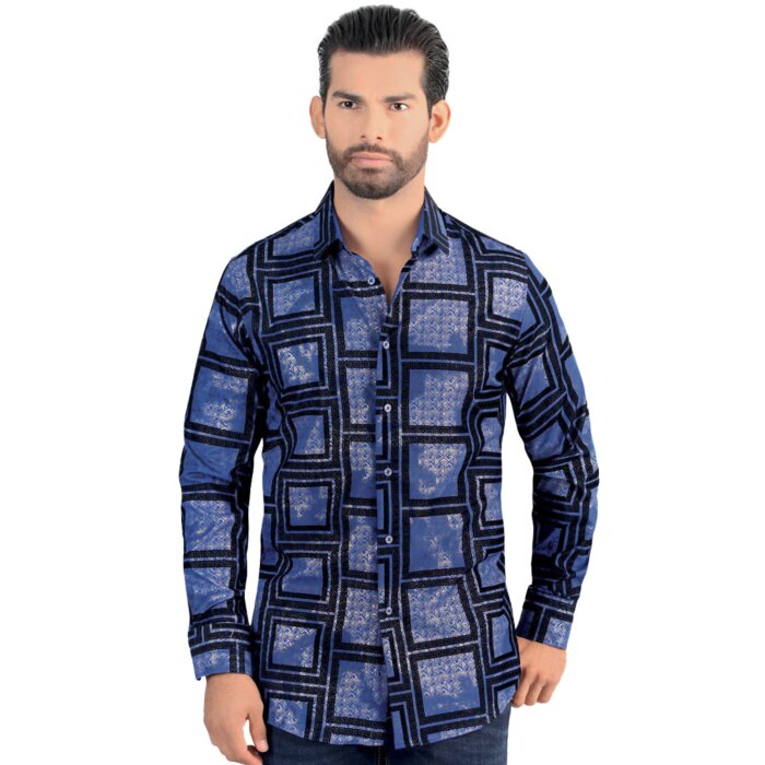 Model wearing Men's Geometric Print Shirt - Lamasini 0110, featuring a modern fit and bold blue geometric pattern.