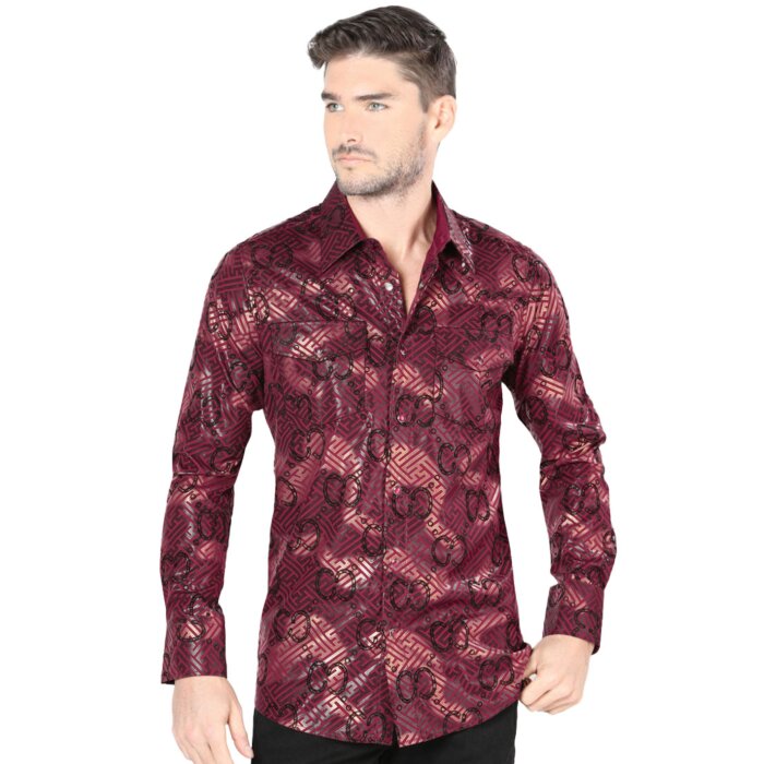 Model wearing Men's Burgundy Chain Print Shirt - Lamasini 0102, showcasing a modern fit with an intricate chain print over a geometric background in a rich burgundy color.