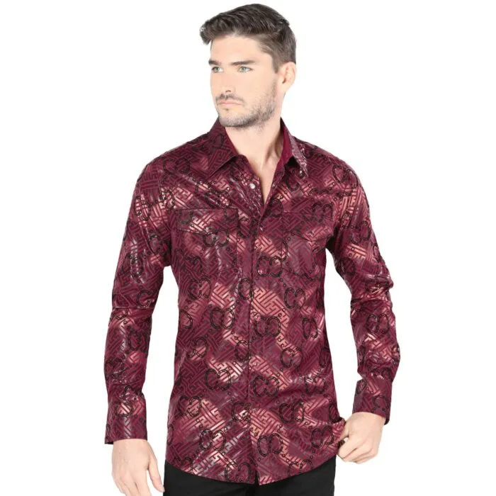 Model wearing Men's Burgundy Chain Print Shirt - Lamasini 0102, showcasing a modern fit with an intricate chain print over a geometric background in a rich burgundy color.