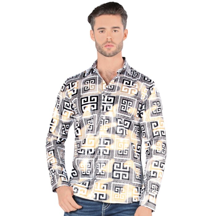 Montero 0799 men's white long-sleeve shirt with black, white, and gold geometric pattern