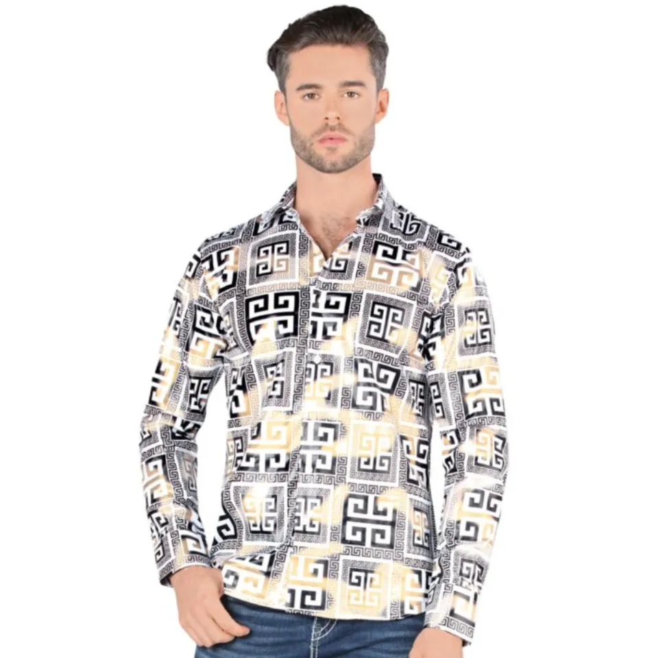 Montero 0799 men's white long-sleeve shirt with black, white, and gold geometric pattern