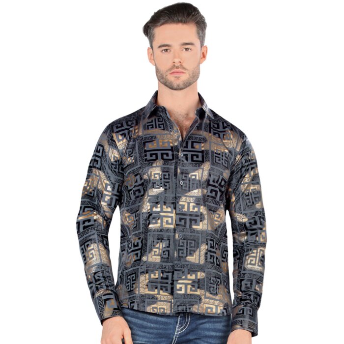Montero 0799 camisa gris de manga larga para hombre con patrón geométrico en negro, gris y dorado
