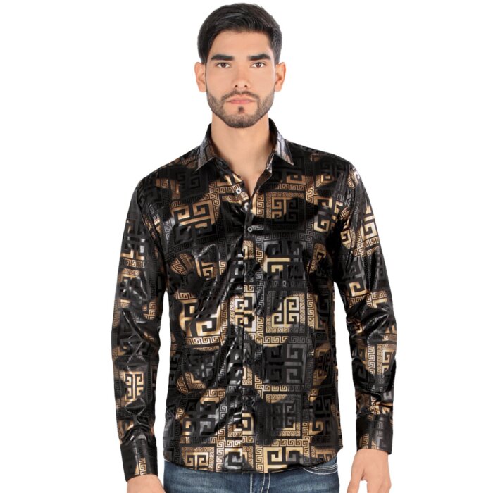 Montero 0799 camisa negra de manga larga para hombre con patrón geométrico en negro y dorado