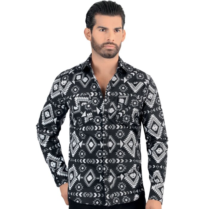 Camisa de Hombre Manga Larga Patrón Geométrico Color Negro 0104