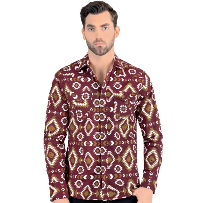 Men's Maroon Geometric Pattern Long Sleeve Shirt Lam 0104