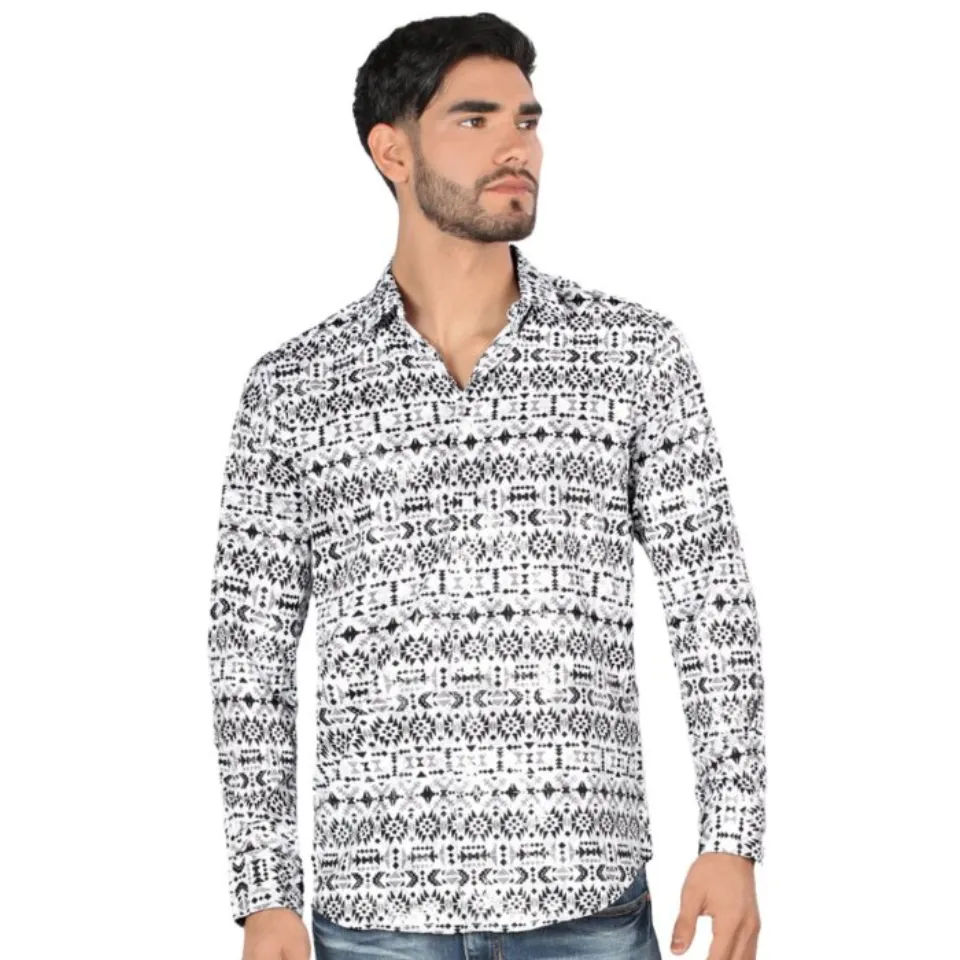 Montero 0451 Long Sleeve White Men's Shirt with Black Geometric Patterns