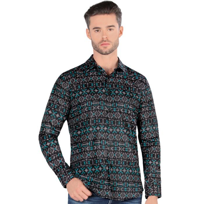 Camisa Montero 0451 Manga Larga Negra con Patrones Geométricos en Teal y Blanco