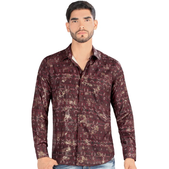 Montero 0451 Long Sleeve Burgundy Men's Shirt with Gold and Black Geometric Patterns