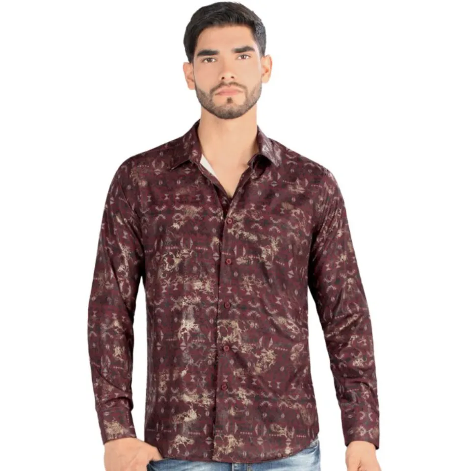 Montero 0451 Long Sleeve Burgundy Men's Shirt with Gold and Black Geometric Patterns