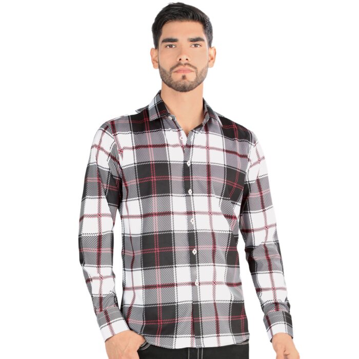 Montero 0814 men's long sleeve Western shirt in white with black and red plaid pattern.