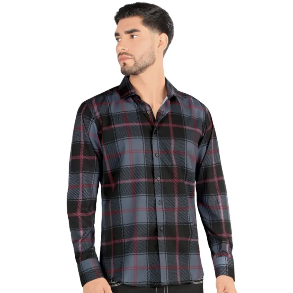 Montero 0814 men's long sleeve Western shirt in black with plaid design.