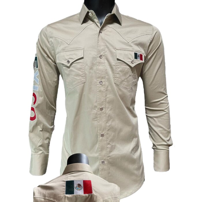 Beige Western Shirt with Mexican Flag Detail, Long Sleeve, Montero 0459