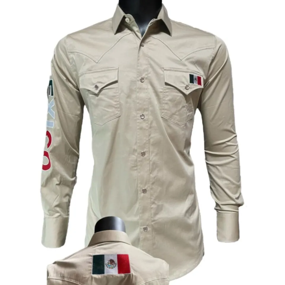 Beige Western Shirt with Mexican Flag Detail, Long Sleeve, Montero 0459