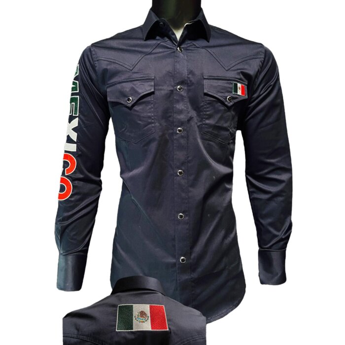 Navy Blue Western Shirt with Mexican Flag Detail, Long Sleeve, Montero 0459