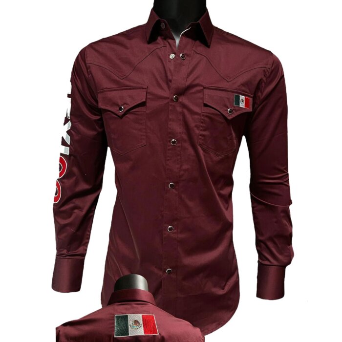 Burgundy Western Shirt with Mexican Flag Detail, Long Sleeve, Montero 0459