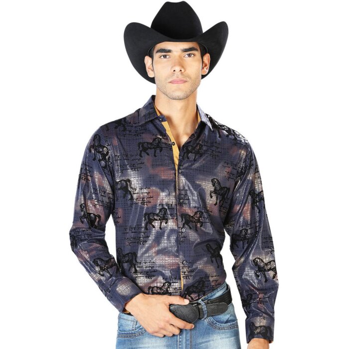 Camisa El Señor De Los Cielos Color Navy 43594 Diseño Con Caballos