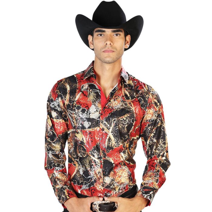 Camisa El Señor De Los Cielos 43569 Con Estampado Negro, Rojo y Oro
