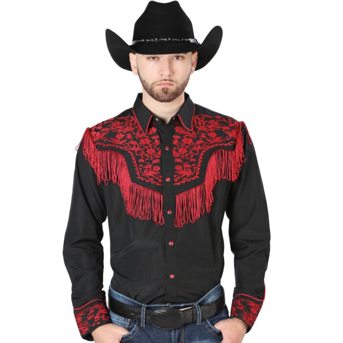 Camisa Vaquera Negra Bordado Y Barbas Rojas 126726
