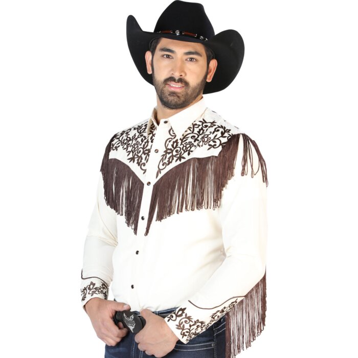 Camisa Vaquera Color Beige Con Bordado Y Barbas Color Café 126700