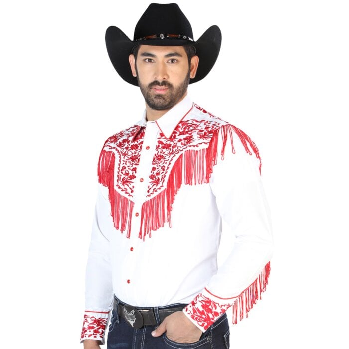 Camisa Vaquera Blanca Con Bordado Y Barbas Rojas 126708