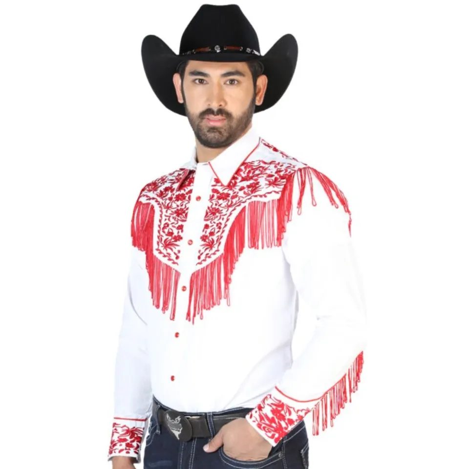 Camisa Vaquera Blanca Con Bordado Y Barbas Rojas 126708