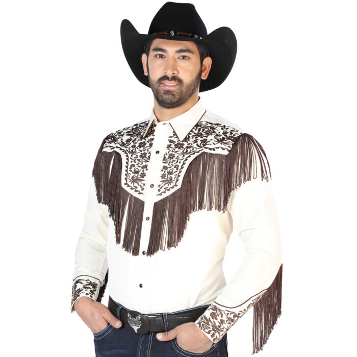 Camisa Vaquera Beige Con Barbas Y Bordado Café 126710