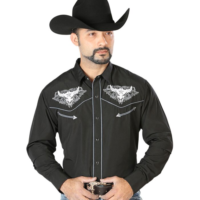 Camisa Negra Bordada Calavera De Toro Con Estrella 126676
