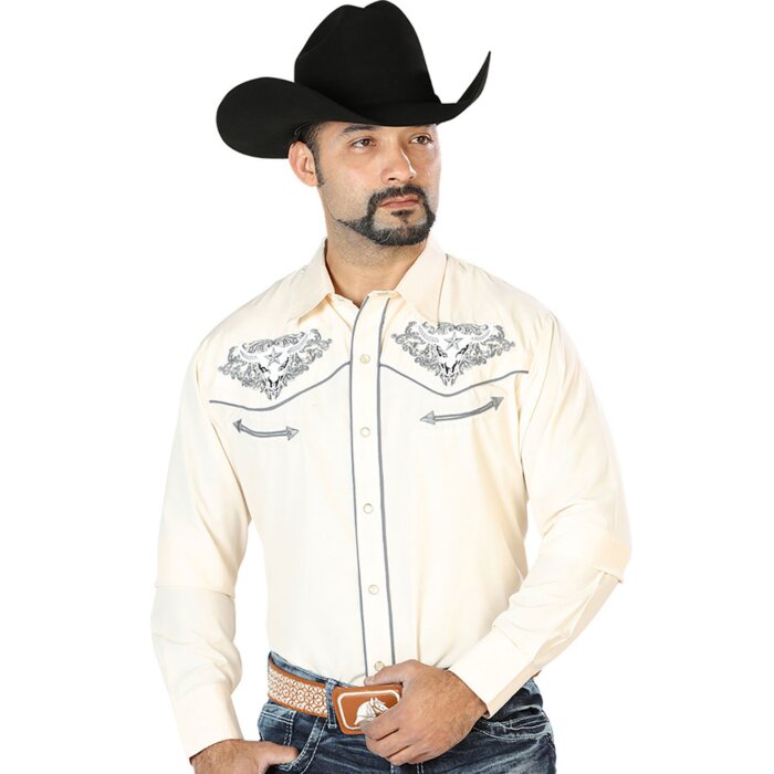 Camisa Beige Bordada Calavera De Toro Con Estrella 126679