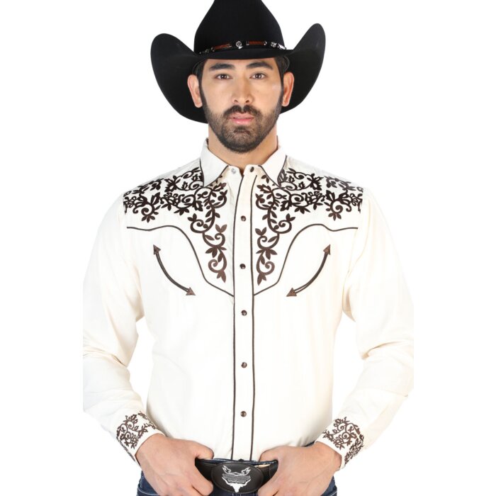 Camisa Vaquera Bordada Beige Con Café 126703