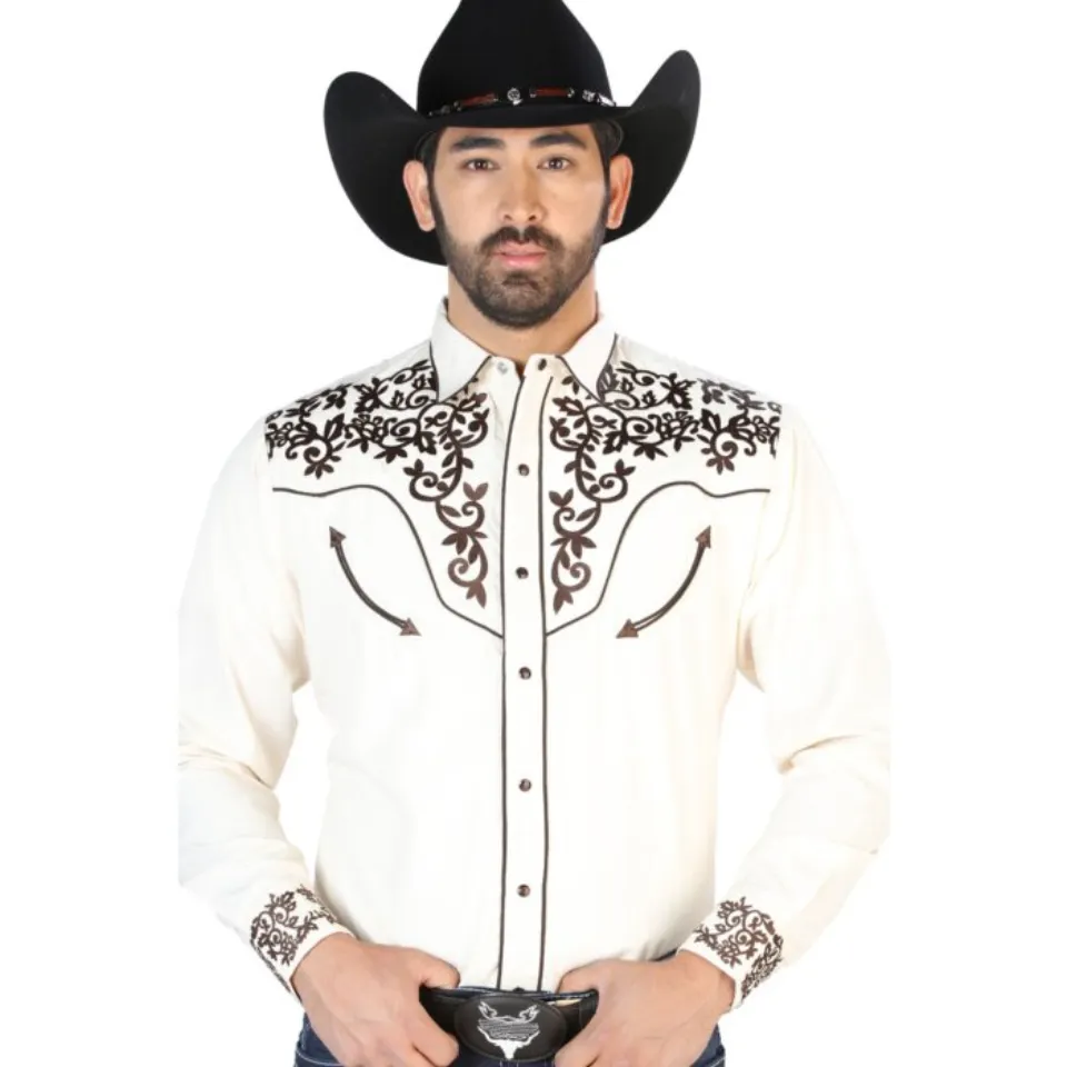 Camisa Vaquera Bordada Beige Con Café 126703