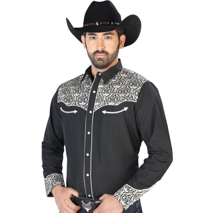 Camisa Vaquera Bordada De Lujo Negra 126704
